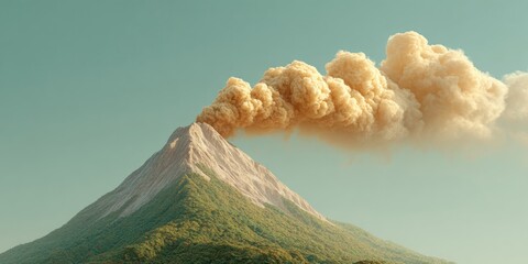 Poster - Active volcanic plume rising from lush mountain slopes with clear sky, geological monitoring for natural hazard research and environmental sustainability