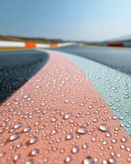 Poster - Wet race track surface with glistening water droplets on lane markings and trackside barriers, capturing premium motorsport excitement and challenging conditions