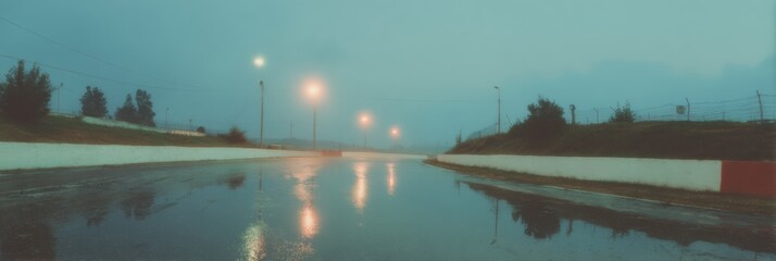 Poster - Moody Twilight Race Circuit with Wet Track and Reflective Surface under Storm Clouds Dramatic Motorsport Environment for Travel and Event Promotion