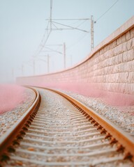 Aufkleber - Modern Railway Tracks Curving Along Stone Retaining Wall with Overhead Power Lines Emphasizing Transit Infrastructure and Connectivity in Soft Pastel Aesthetic