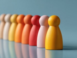Poster - Diverse Wooden Figurines Representing Workplace Inclusion and Individuality on Reflective Surface for Modern Social and Corporate Branding