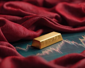 Poster - Premium Gold Bar on Digital Market Graph with Luxurious Red Fabric Backdrop for Wealth Management and Precious Metal Investment Stability