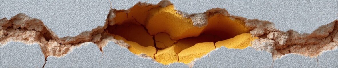Poster - Close-up of jagged cracked hole in wall with exposed plaster showing structural damage for renovation and construction repair marketing trends