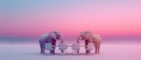 Aufkleber - Strategic Alliance Concept with Elephants in Minimalist Boardroom Setting Symbolizing Wisdom and Leadership in Modern Business Innovation