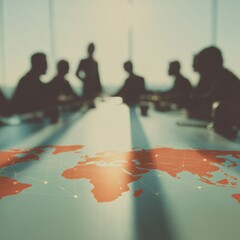Aufkleber - Global Business Partnership Strategy with Illuminated World Map and Executive Silhouettes Highlighting Digital Connectivity and Collaboration