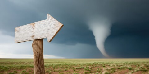 Poster - Wooden Storm Shelter Directional Sign with Tornado Funnel Cloud in Rural Landscape for Emergency Preparedness and Disaster Safety Awareness