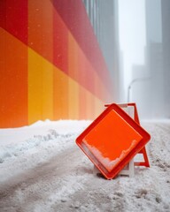 Poster - Urban storm alert sign in heavy snowfall with icy road conditions and snow squall, highlighting winter safety and emergency preparedness in city settings