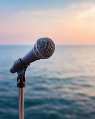 Poster - Professional Microphone on Stand with Subtle Sponsor Logo against Serene Ocean Backdrop at Business Event Emphasizing Brand Voice and Authority