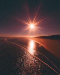 Aufkleber - Dramatic Solar Burst over Seaside Shoreline with Reflective Light Sparkles Capturing Celestial Inspiration and Breakthrough Moments for Creative Digital Use