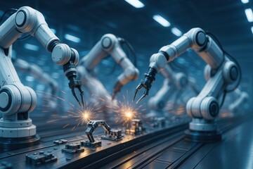 Poster - Advanced robotic arms manufacturing components in a futuristic industrial setting