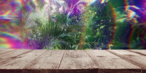 Poster - Sustainable Eco Tourism Marketing with Weathered Wooden Table and Tropical Jungle Foliage Backdrop for Organic Outdoor Experiences