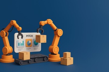 Poster - Robotic Arms in a Warehouse Setting Handling Packages with Data Charts and Graphs on a Screen