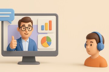 Poster - Person Giving Online Presentation to Attendee with Charts and Graphs in 3D Illustration Style