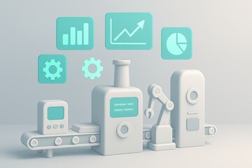 Poster - Modern Industrial Robot and Production Line with Graphs and Gears in Minimalist Style
