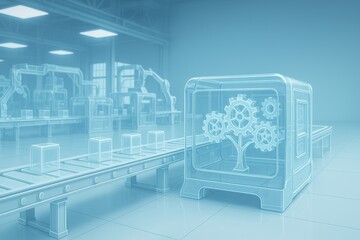 Poster - Future Factory Concept with Transparent Machinery and Gears in Advanced Industrial Setting