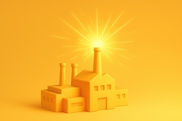 Poster - Bright Yellow Factory Illustration with Radiating Light Effect on Vibrant Yellow Background