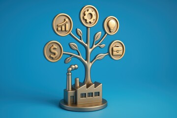Poster - Gold Tree Symbolizing Growth, Industry, Innovation, Profit, and Sustainability on Blue Background