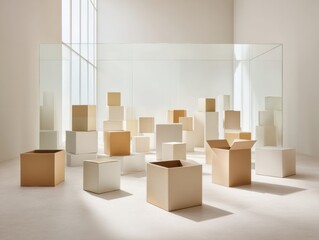 Poster - Minimalist Cardboard Boxes in Neutral Tones Displayed in Organized Rows for Packaging Design and Sustainable Shipping Solutions in Modern Commercial Settings