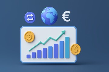 Poster - Colorful 3D Graph with World Globe Symbols for Cryptocurrency and Currency Exchange Concept