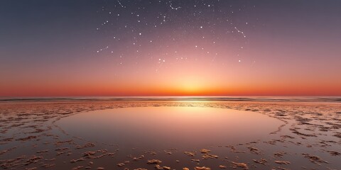 Poster - Majestic Zodiac Wheel Glowing with Stellar Constellations Over Serene Sunset Ocean - Celestial Navigation and Astrological Education Visual