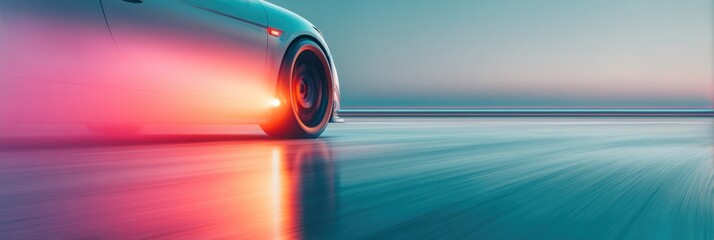Poster - Race car braking sharply on track with glowing brake disc and heat distortion at sunset, showcasing precision engineering and dynamic automotive performance for marketing