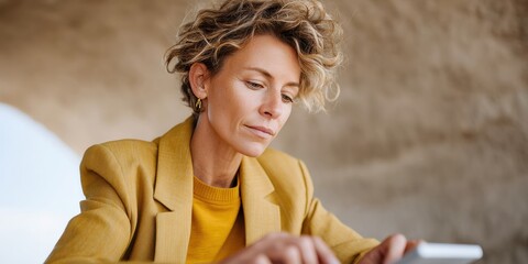 Fototapete - Focused Professional Woman in Mustard Suit Calculating Finances with Documents and Calculator for Tax Advantage and Business Growth
