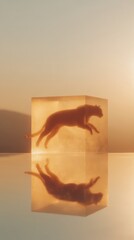 Poster - Minimalist transparent cube with cat silhouette glowing inside on reflective surface representing quantum superposition and Schrodingers duality concept in physics