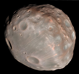 Wall Mural - A high-resolution, detailed rendering of Phobos, one of Mars's natural satellites, showcasing its distinct irregular, non-spherical shape.
