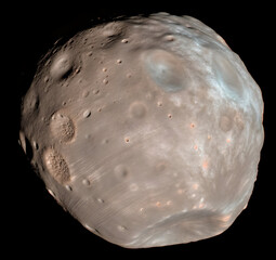 Wall Mural - A high-resolution, detailed rendering of Phobos, one of Mars's natural satellites, showcasing its distinct irregular, non-spherical shape.