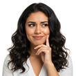 © SimpleDesignStudio - Young Latina woman with dark wavy hair thinking, hand on chin, looking aside with a skeptical and curious expression. Isolated on transparent background, studio portrait.