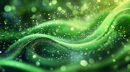 Poster - Emerald Elegance: Wavy green luminous texture with glittering light particles