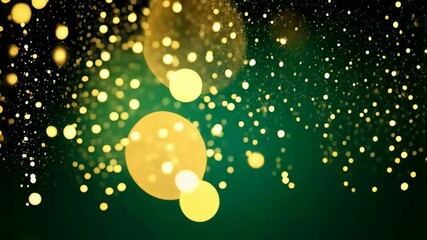 Poster - Golden bokeh lights floating on a green backdrop create a festive and magical atmosphere perfect for celebrations and special occasions