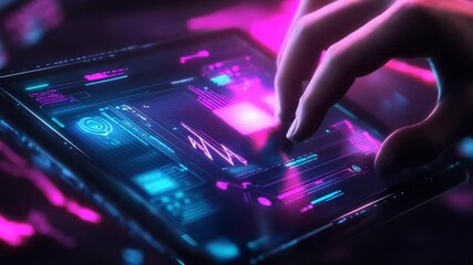 Fototapete - Interactive Data Visualization on Tablet with Futuristic Neon Graphics Interface