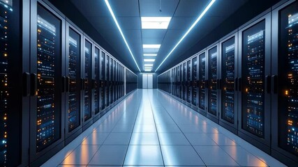 Poster - Server racks in modern data center with bright neon lighting and clean tile floors, illustrating high-tech infrastructure.
