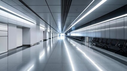 Poster - Modern airport interior with shiny floor, illuminated ceiling, and row of empty black seats showcasing sleek design