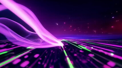 Poster - Abstract Purple and Green Light Trails Flowing Across Dark Space
