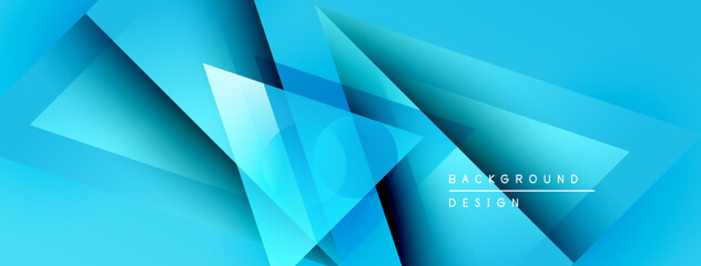 Fototapete - Abstract blue geometric shapes overlap. Gradient shades create depth, modern design element. Background features text background, design.