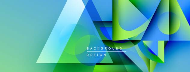 Fototapete - Abstract geometric shapes overlap, creating vibrant blue, green gradients. Modern design elements suggest dynamic visual experience.