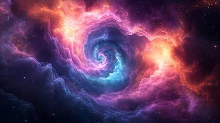 Poster - Cosmic cloud nebula forming a spiral in space with stars and vibrant colors of orange pink and blue creating a fantasy background