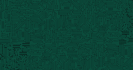Poster - thin circuit trace lines in black on a dark green technology background. abstract digital tech bg. e