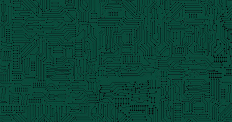 Poster - thin circuit trace lines in black on a dark green technology background. abstract digital tech bg. e