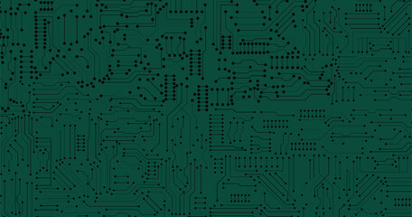 Poster - thin circuit trace lines in black on a dark green technology background. abstract digital tech bg. e