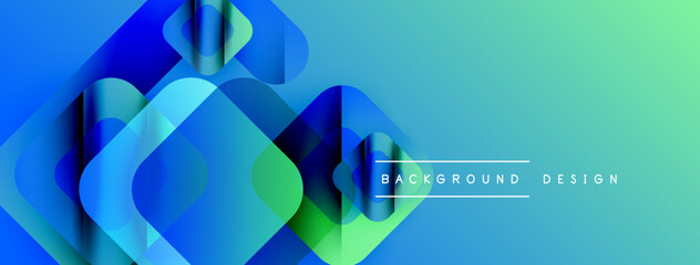 Fototapete - Abstract geometric shapes overlap, creating vibrant blue, green gradient. Modern design suggests technology, innovation, fluidity.