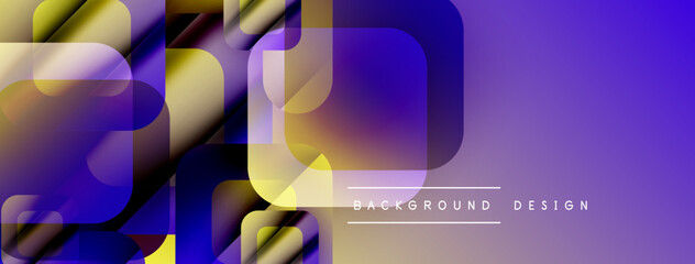 Fototapete - Abstract geometric shapes overlap, creating vibrant purple, yellow gradients. Modern design elements suggest digital art, background texture.