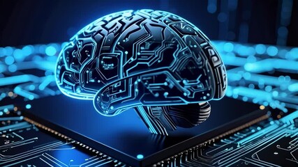 Poster - Digital brain hologram on a microchip, futuristic technology and artificial intelligence concept with glowing blue circuit board design, innovation.