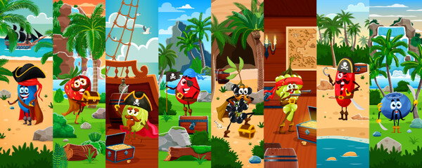 Fototapete - Cartoon pirate and corsair berry characters collage at sail ship and treasure island vector background. Happy pirate captain strawberry, gooseberry and barberry, sailor rosehip and blueberry fruits