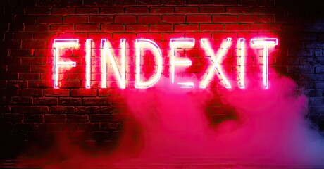 Poster - Bright neon sign displays FINDEXIT against brick wall. Pink smoke adds dramatic effect, dark background enhances glow.