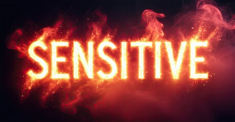 Aufkleber - Fiery text spells SENSITIVE. Dramatic lighting, red hues dominate image. Smoke adds intensity, dark background contrasts bright letters.