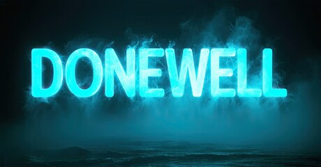 Leinwandbilder - Bright neon text spells DONEWELL against dark, smoky background. Blue hues dominate image, creating dramatic effect.