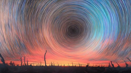 Wall Mural - Circular star trails over desolate landscape